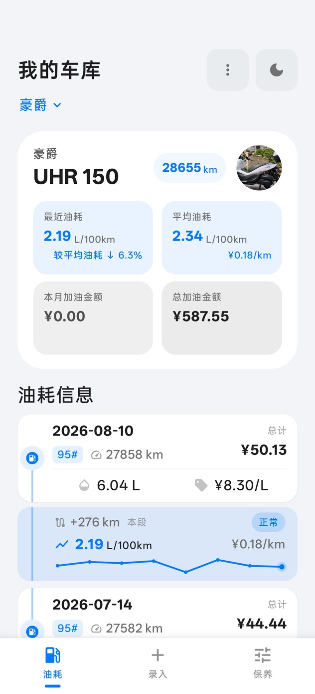 车辆概览：最近油耗 2.19、平均油耗 2.34 L/100km